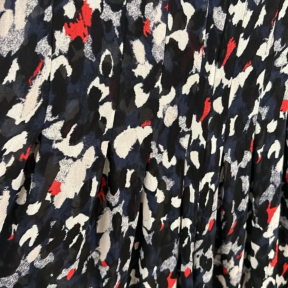 Club Monaco Women 8 Paint Splatter Navy‎ Mini Sheer Zipper Pleated 💯 Silk Dress